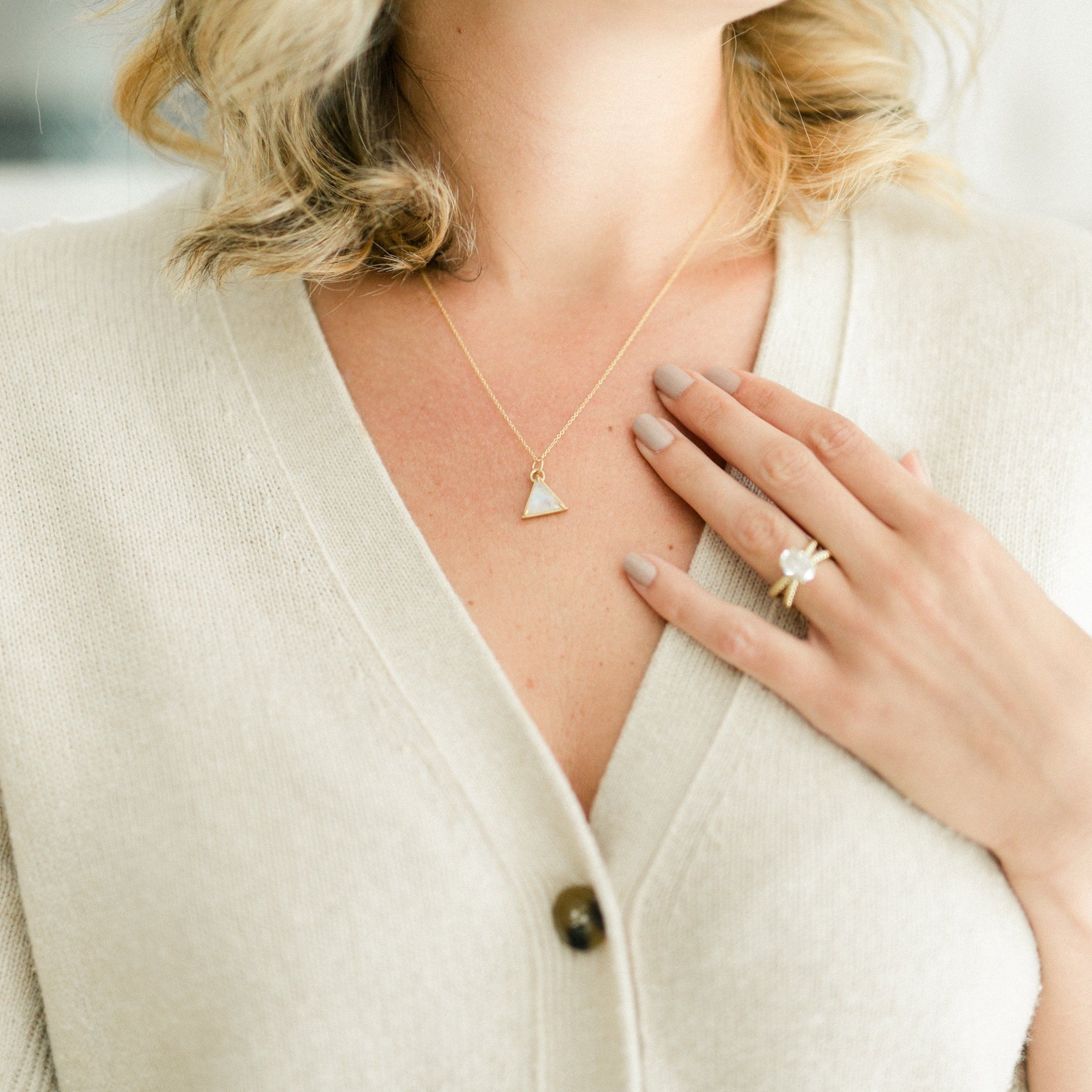 I Am Divine 14K gold rainbow moonstone triangle necklace necklace Amanda K Lockrow