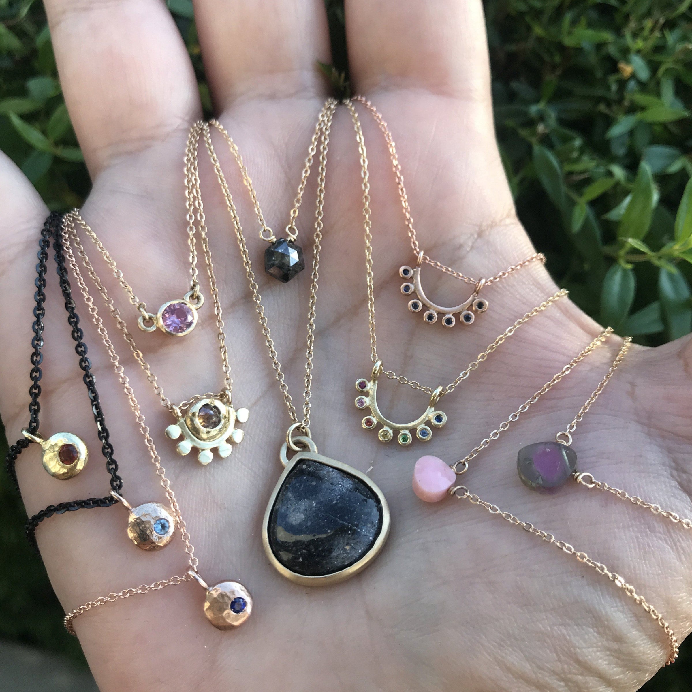 14k gold and rainbow sapphire dainty sunrise necklace necklace Amanda K Lockrow