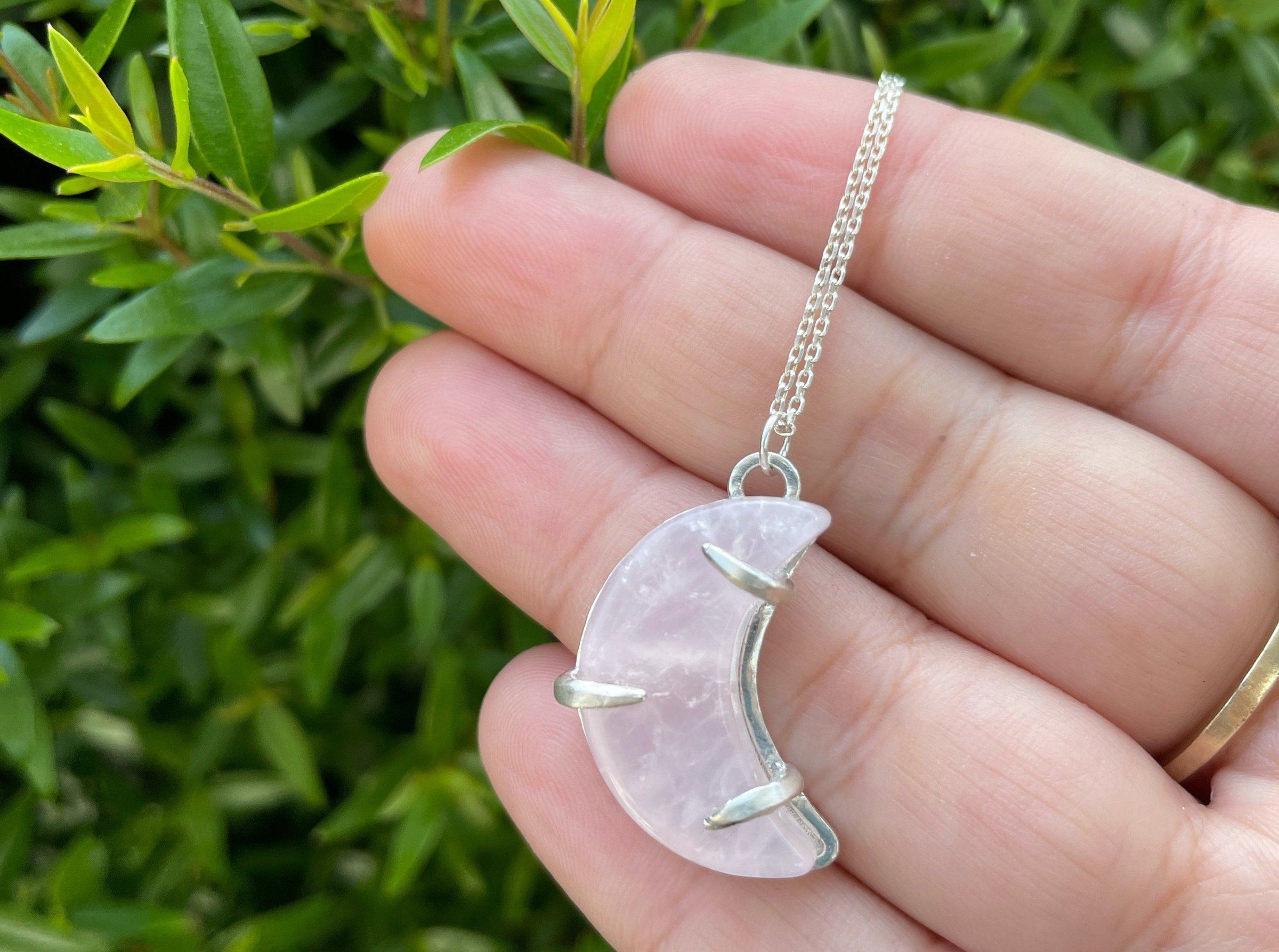 Luna rose quartz moon talisman sterling silver necklace necklace Amanda K Lockrow