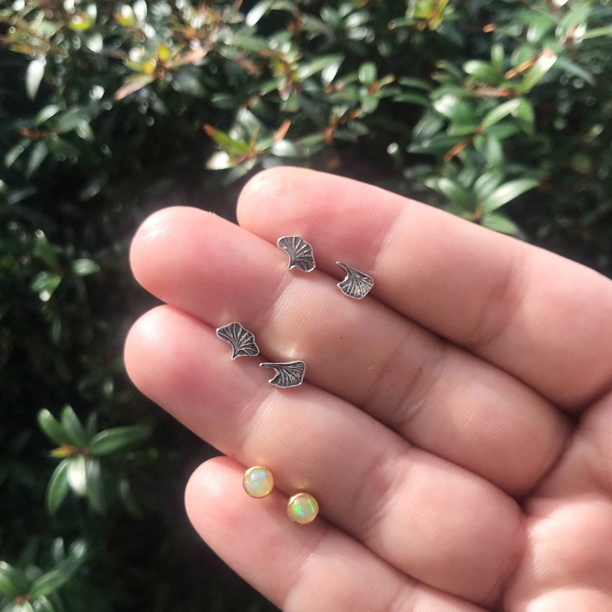 Tiny silver ginkgo leaves stud earrings earrings Amanda K Lockrow