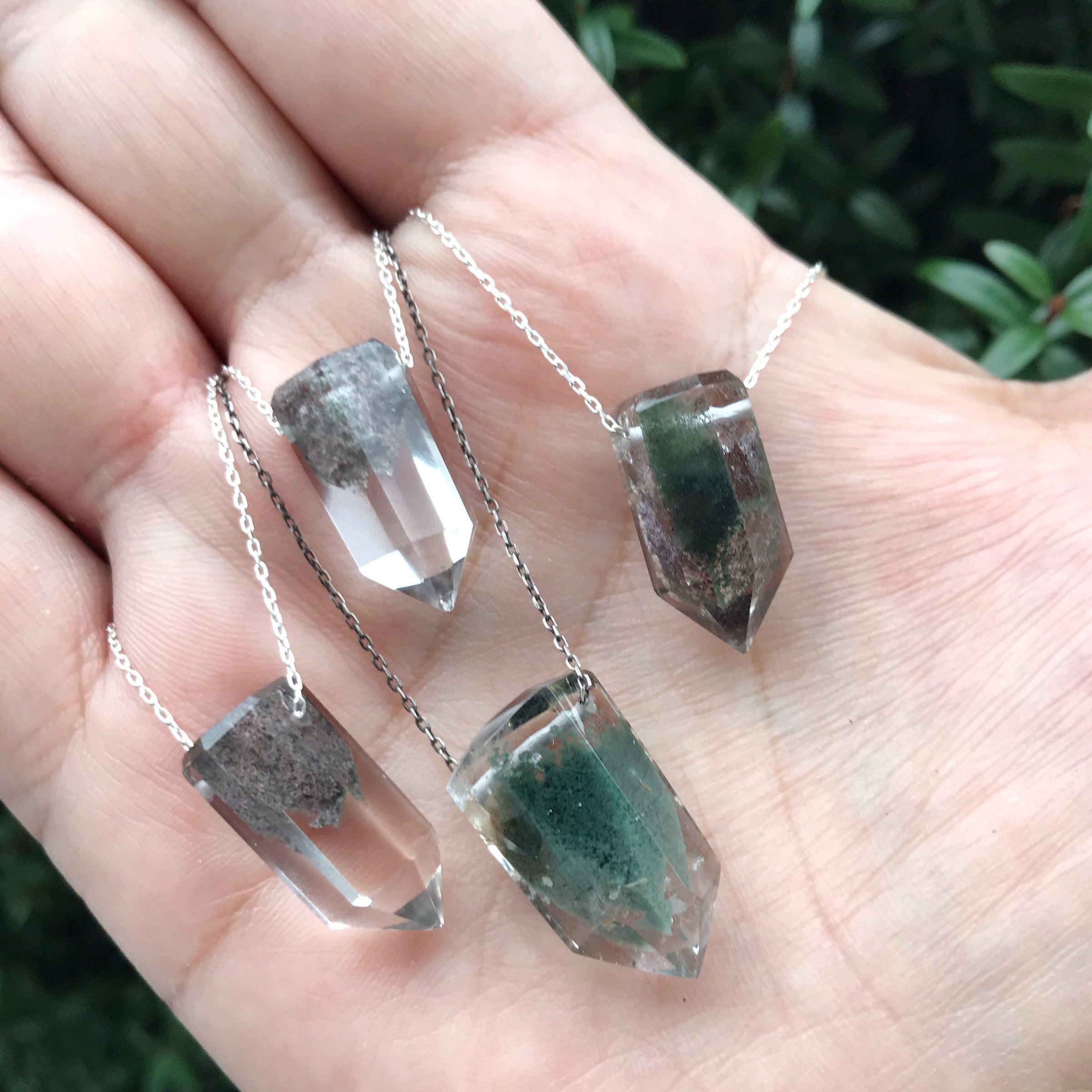 Tara necklace - chlorite phantom quartz with iron ore crystal floating pendant necklace necklace Amanda K Lockrow