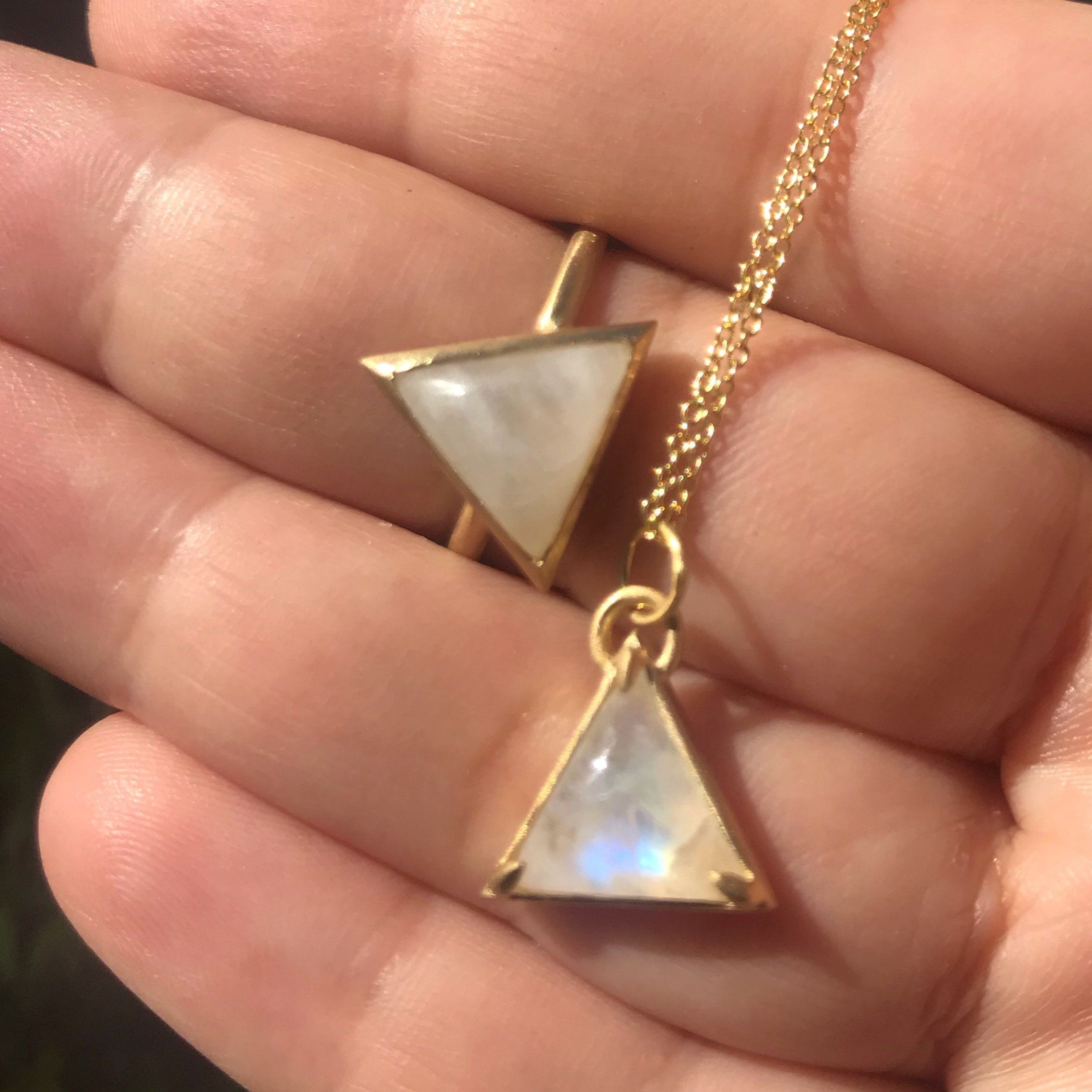 I Am Divine 14K gold rainbow moonstone triangle necklace necklace Amanda K Lockrow