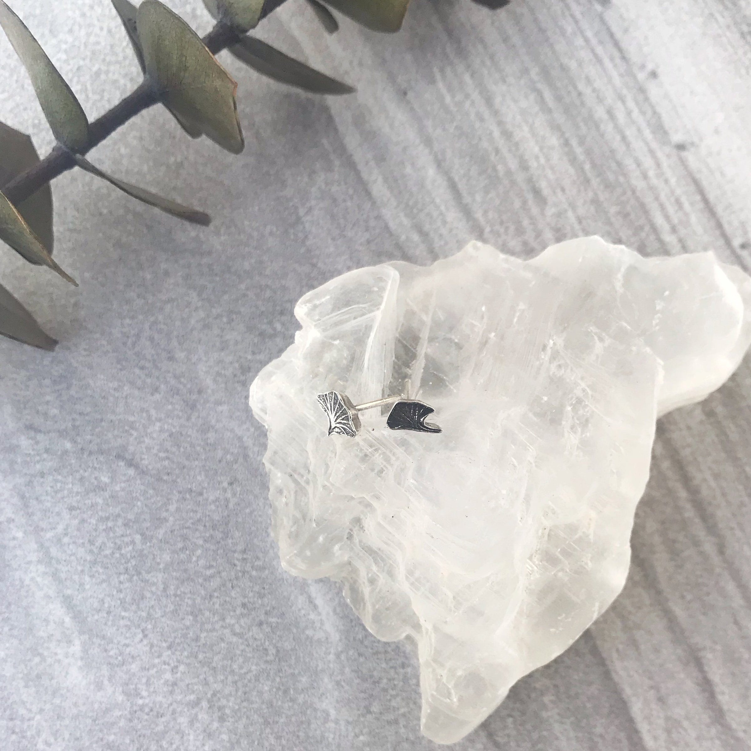 Tiny silver ginkgo leaves stud earrings earrings Amanda K Lockrow