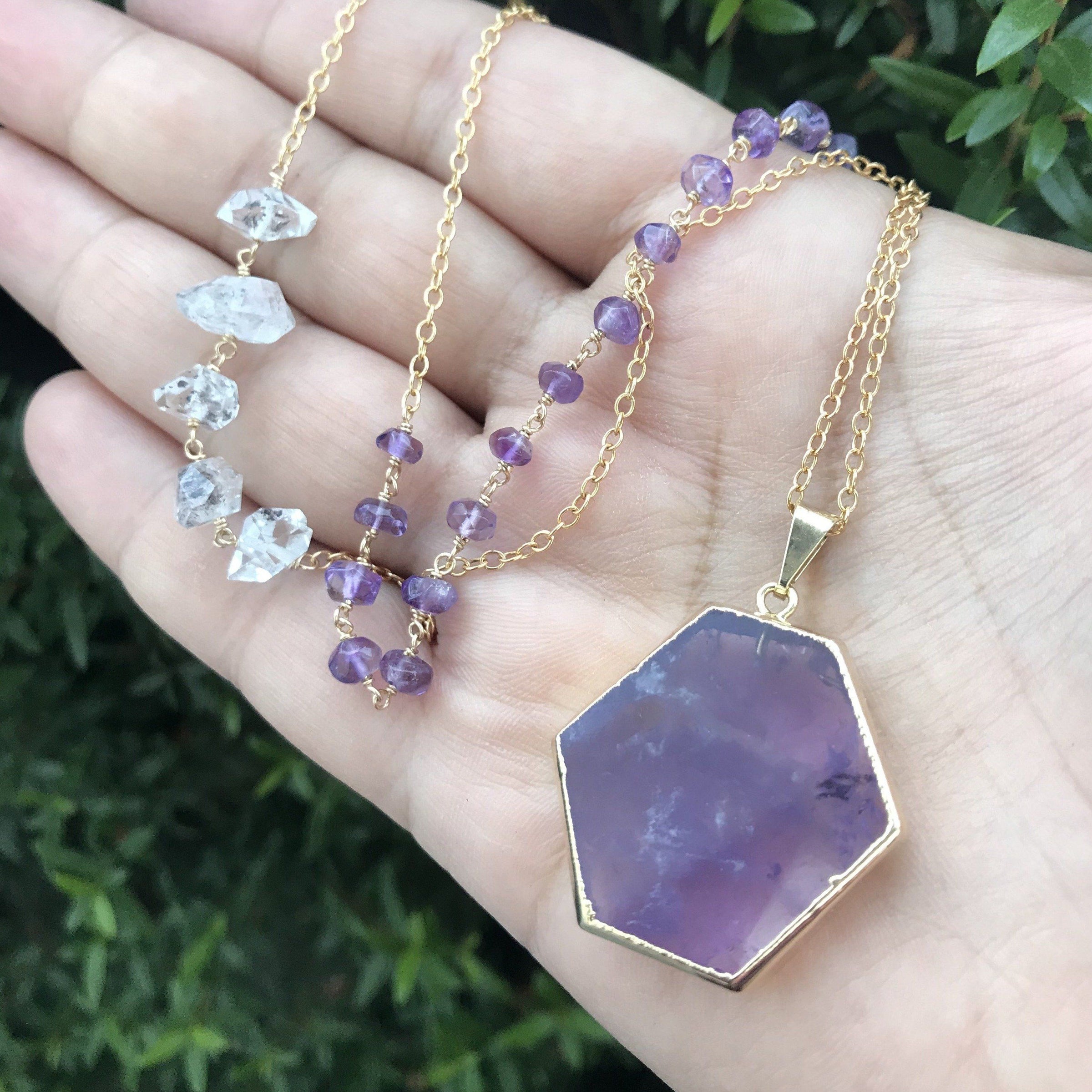 Thea - Amethyst hexagon slice 30 inch long necklace necklace Amanda K Lockrow