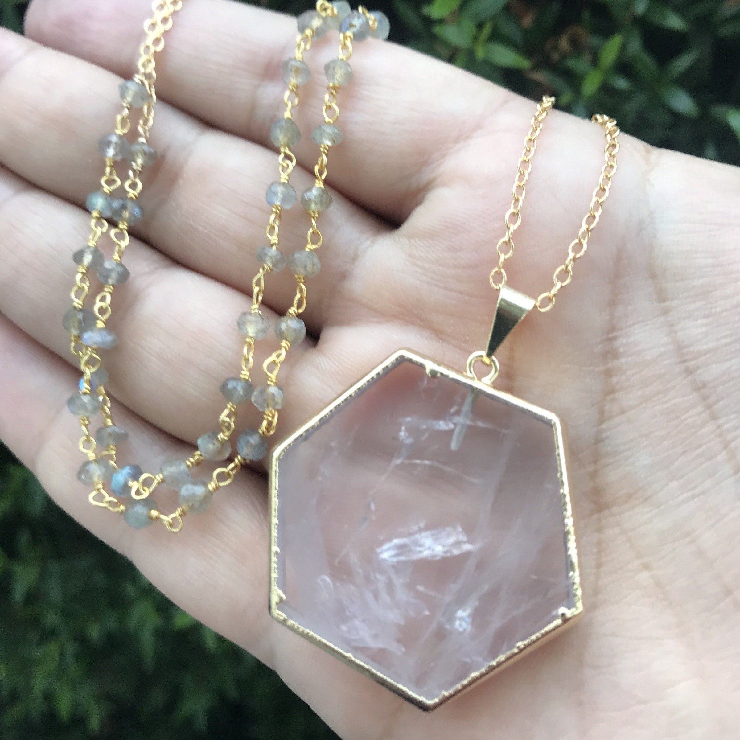 Thea - Rose Quartz and Labradorite 30 inch necklace necklace Amanda K Lockrow