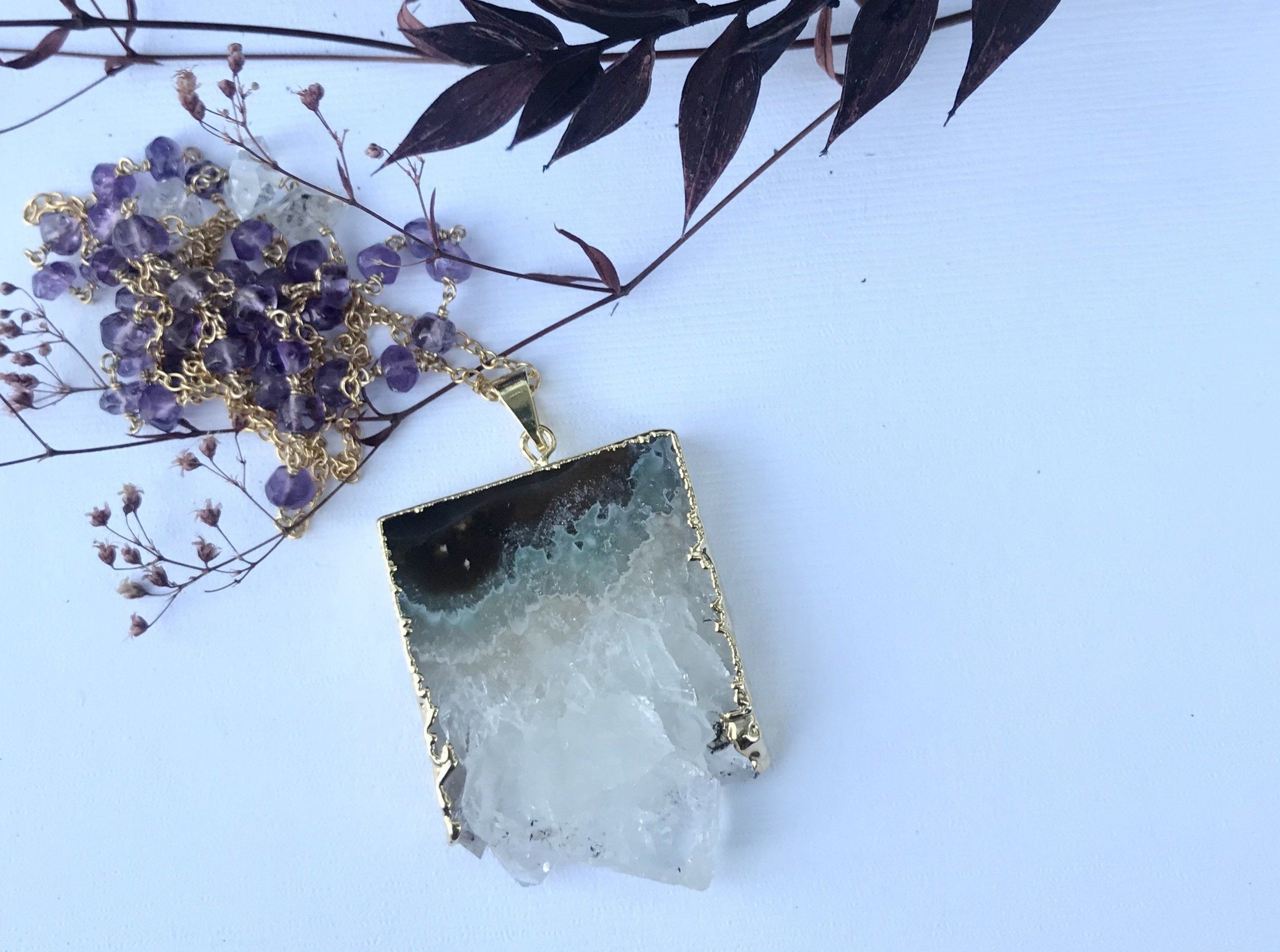 Thea - Amethyst Stalactite slice 30 inch long necklace necklace Amanda K Lockrow