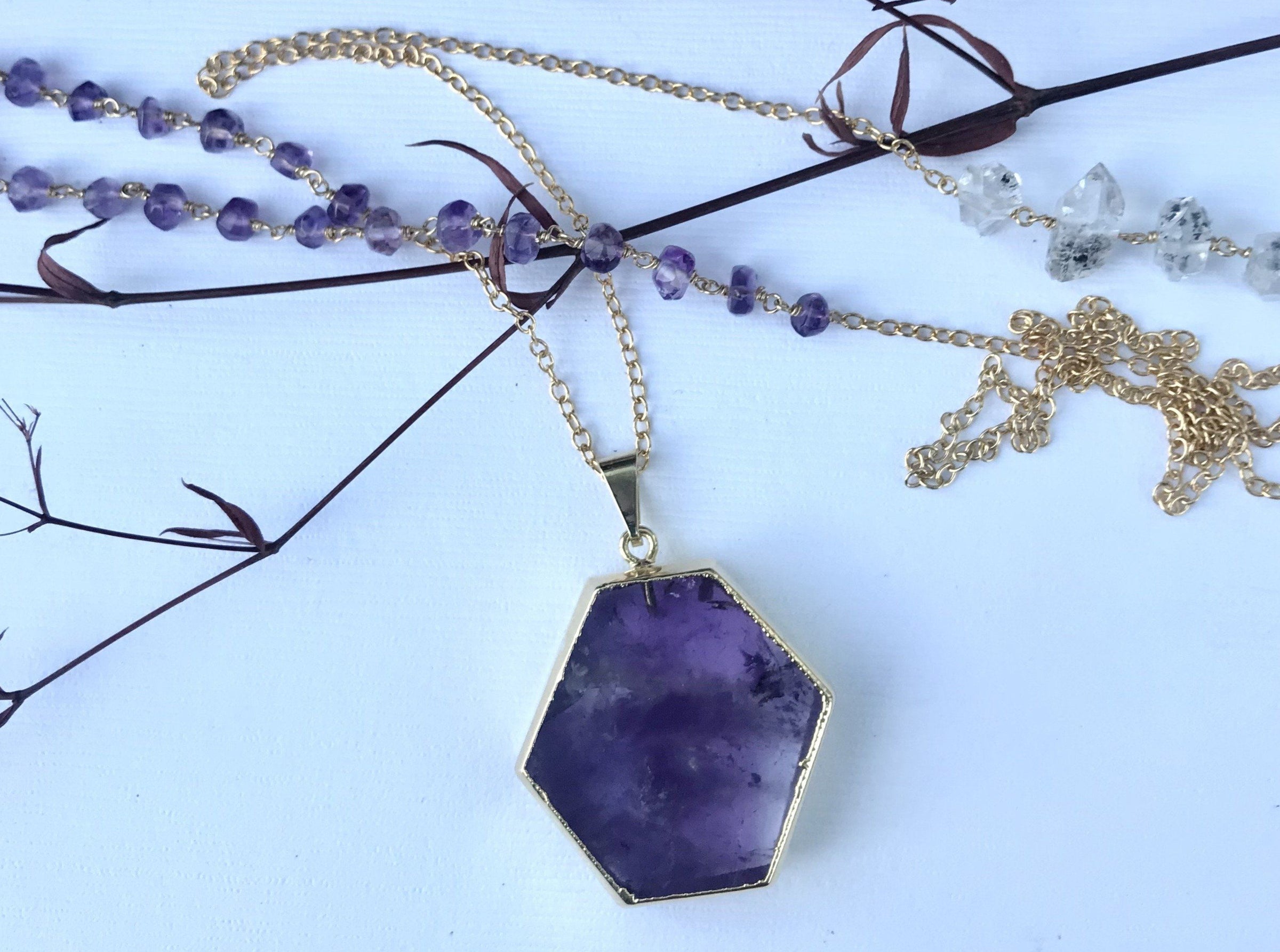 Thea - Amethyst hexagon slice 30 inch long necklace necklace Amanda K Lockrow