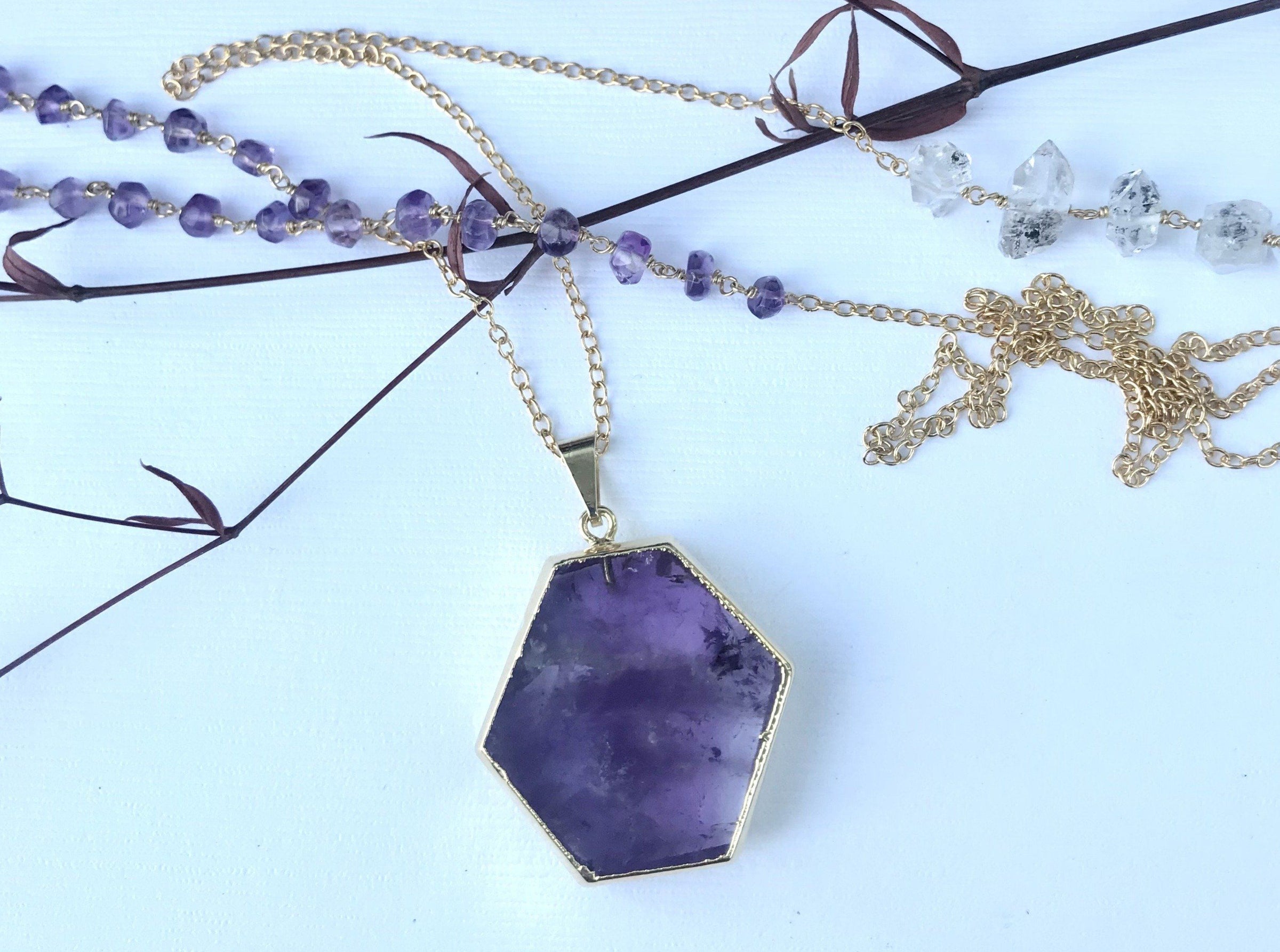 Thea - Amethyst hexagon slice 30 inch long necklace necklace Amanda K Lockrow
