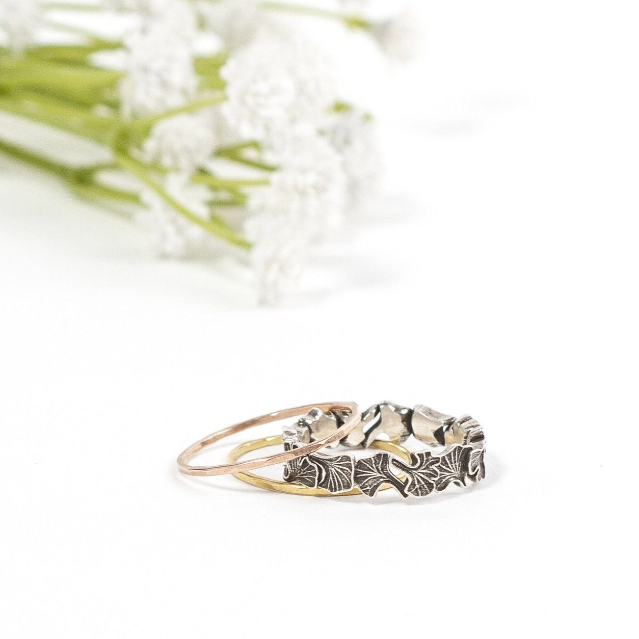 Ginkgo leaves sterling silver wedding band ring Amanda K Lockrow