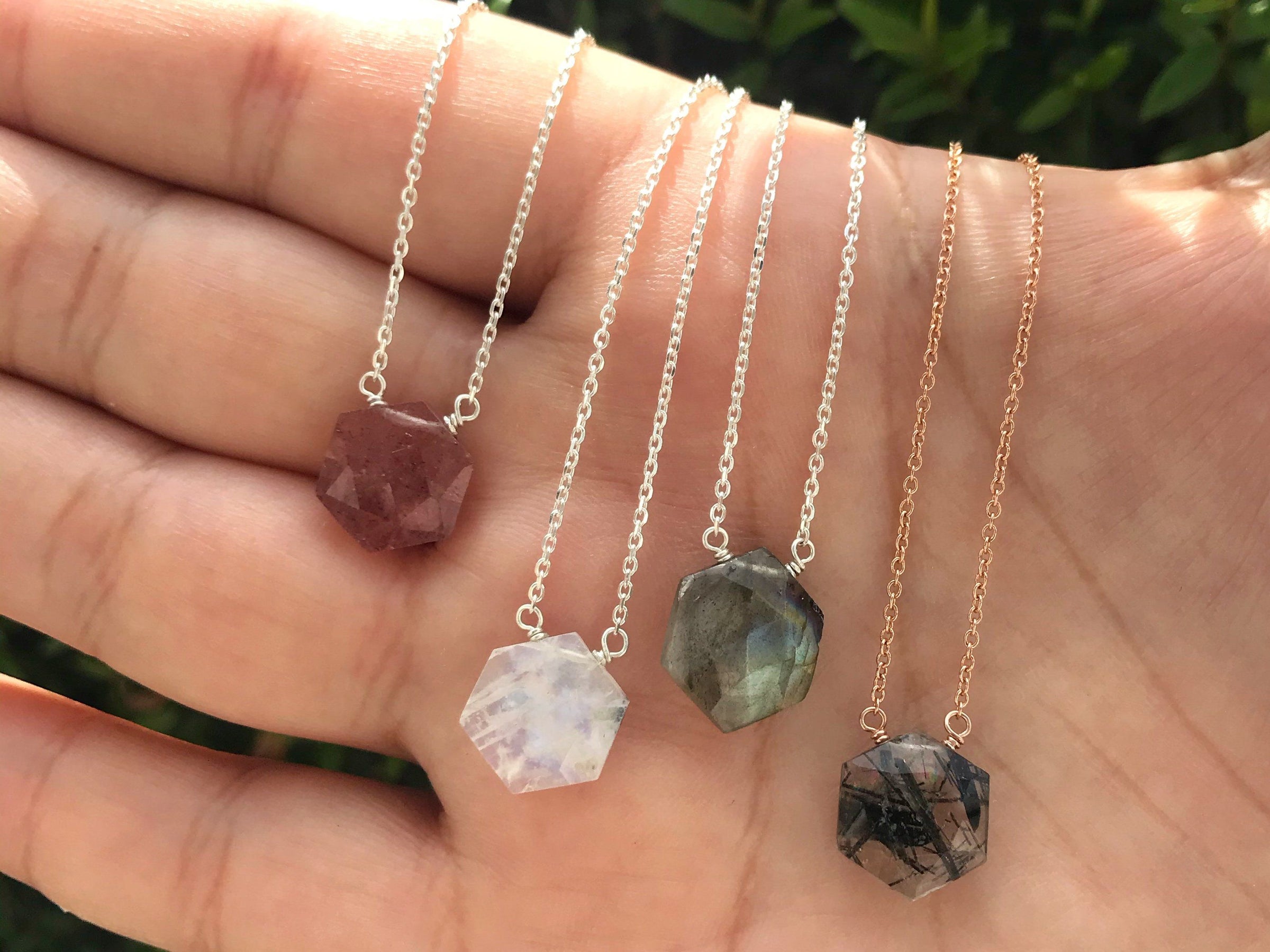 Rainbow moonstone hexagon sterling silver necklace - Little Rock Collection necklace Amanda K Lockrow