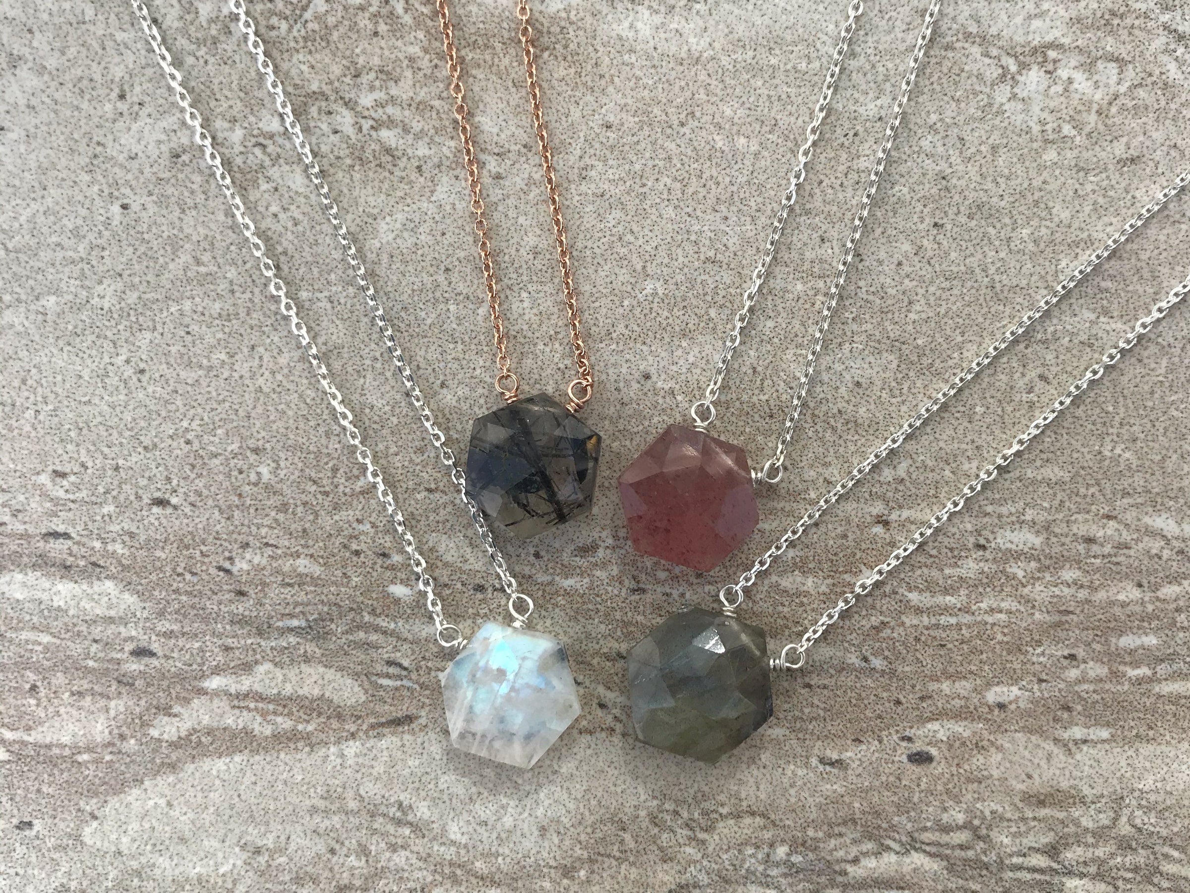 Rainbow moonstone hexagon sterling silver necklace - Little Rock Collection necklace Amanda K Lockrow