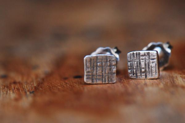 Crosshatched tiny square sterling silver stud earrings earrings Amanda K Lockrow