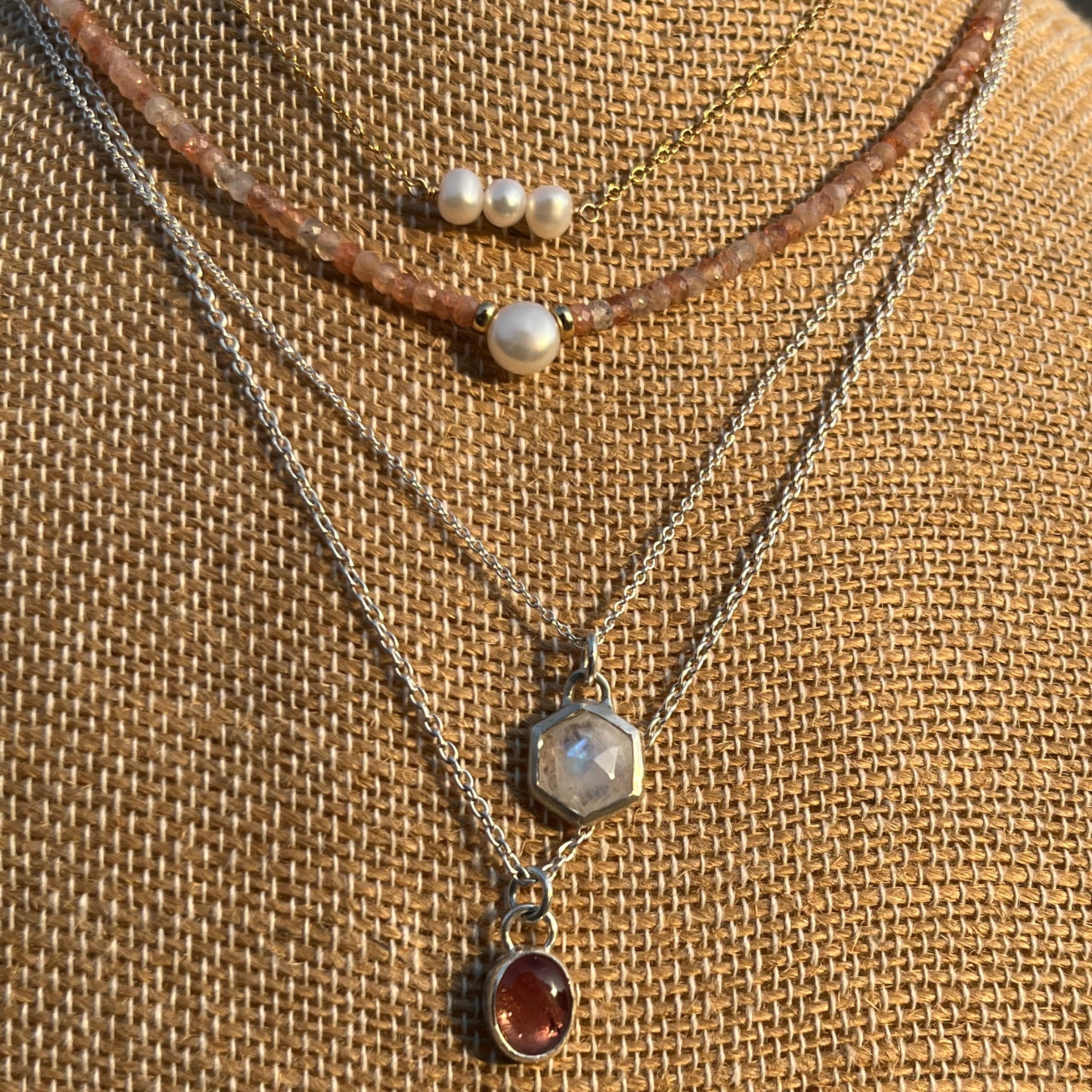 Small Rainbow Moonstone Hexagon Necklace - sterling silver | Stone Love Collection