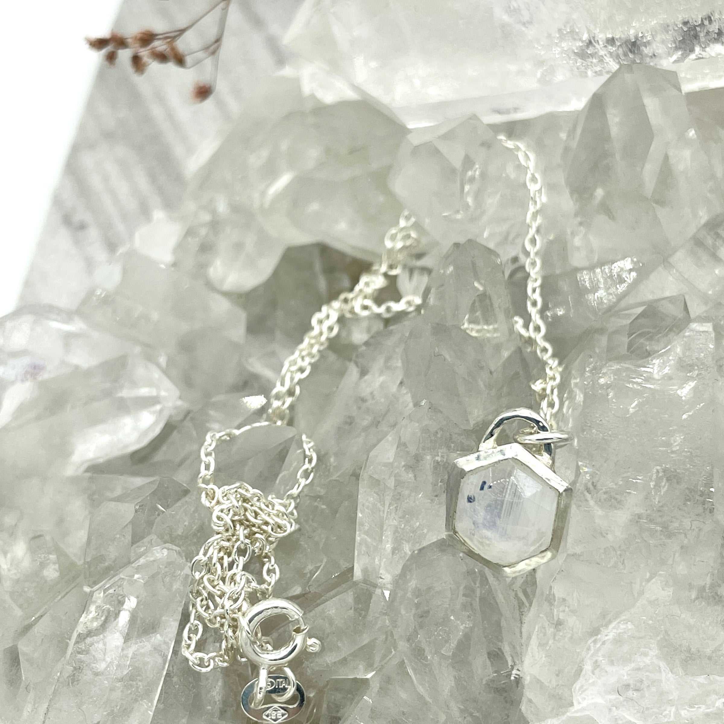 Small Rainbow Moonstone Hexagon Necklace - sterling silver | Stone Love Collection