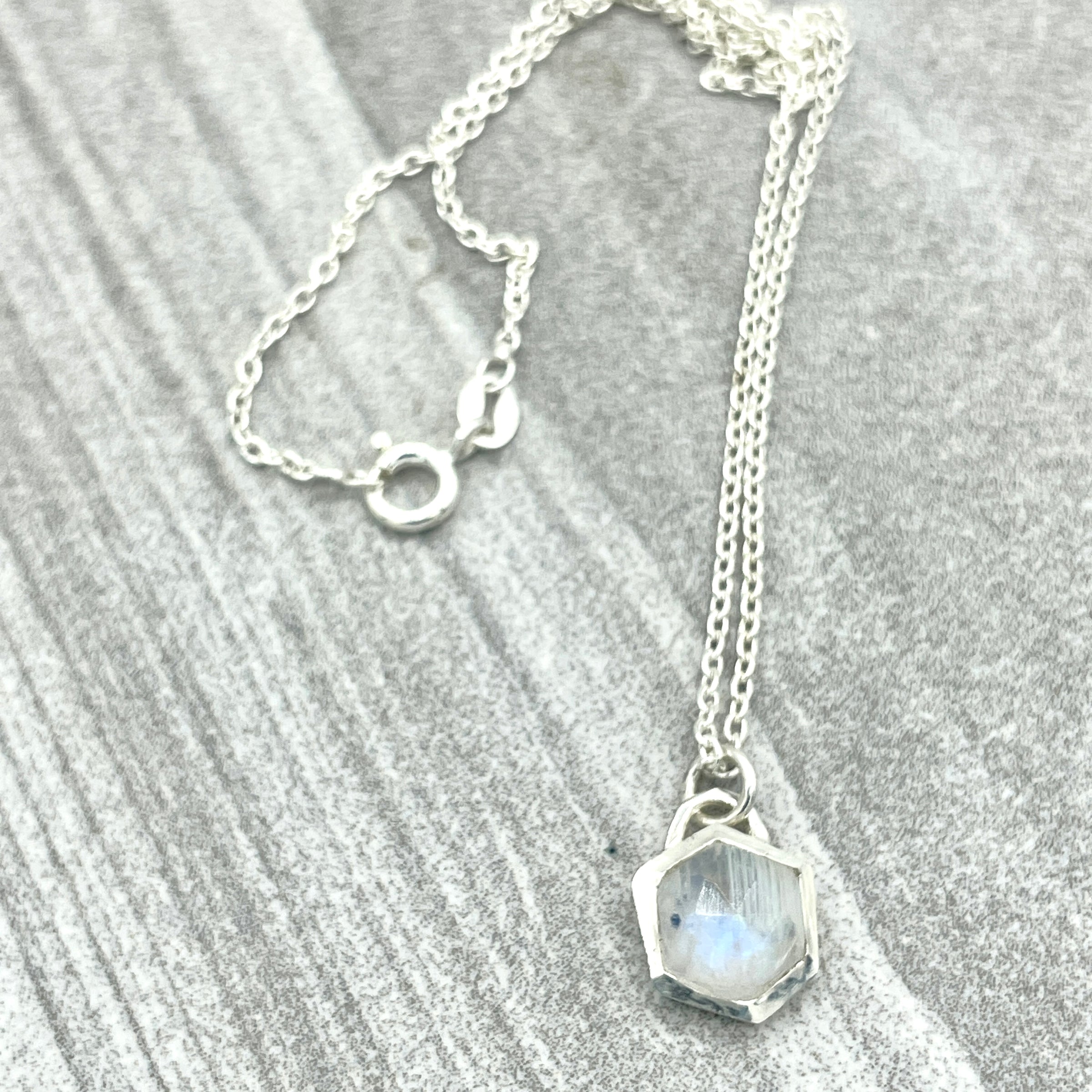 Small Rainbow Moonstone Hexagon Necklace - sterling silver | Stone Love Collection