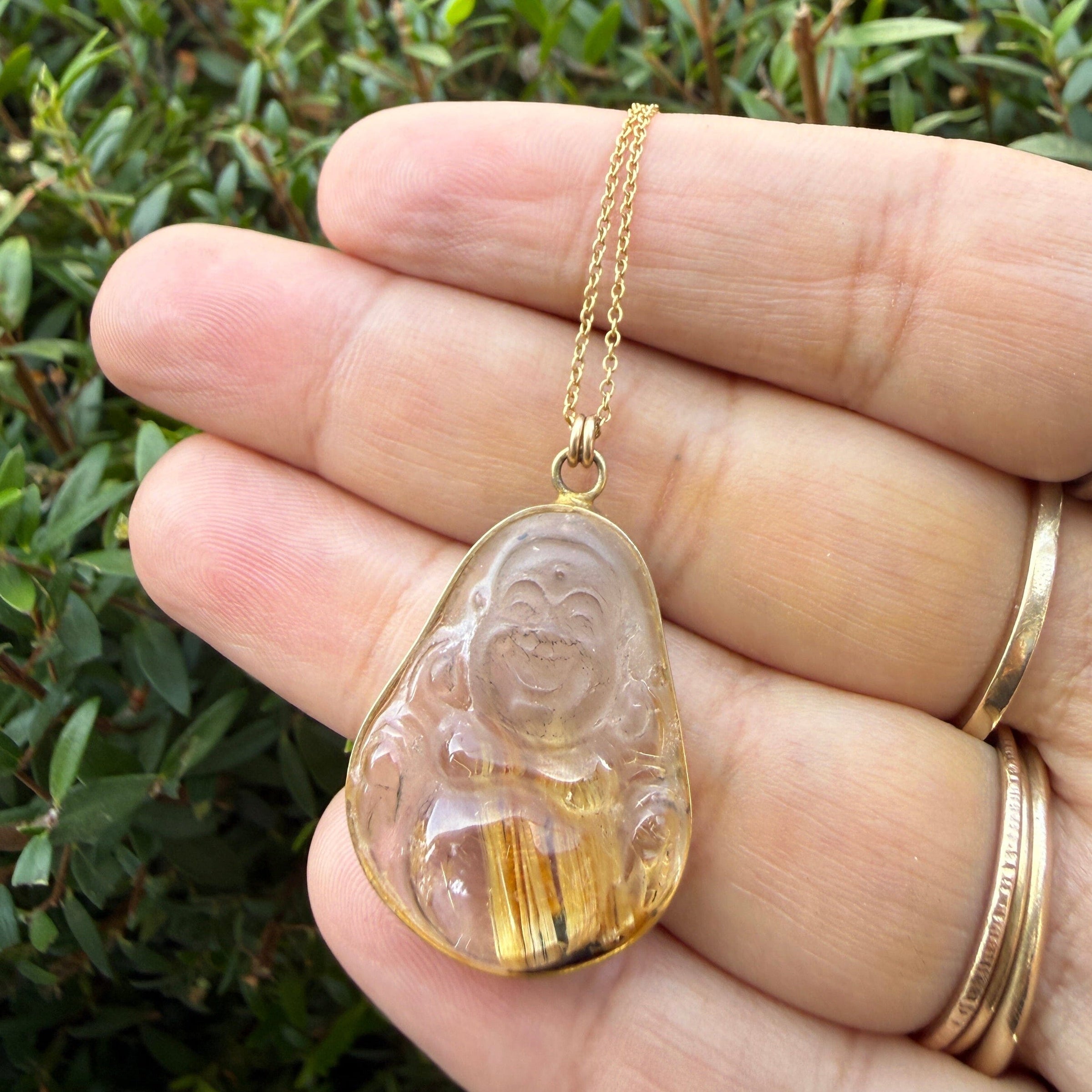 Happy Buddha Rutilated Quartz Crystal Necklace - gold filled | Talisman collection necklace Amanda K Lockrow