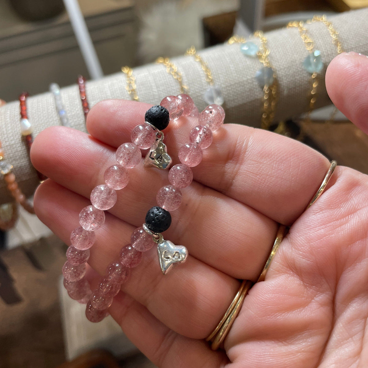 LA Love Strawberry Quartz Crystal Stretchy Bracelet bracelet Amanda K Lockrow