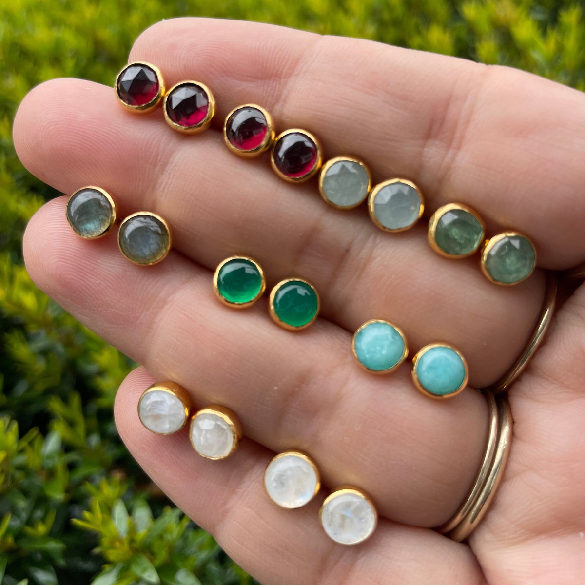 Rainbow Moonstone Rosecut Gemdrop 6mm studs - sterling silver | Petite Collection earrings Amanda K Lockrow