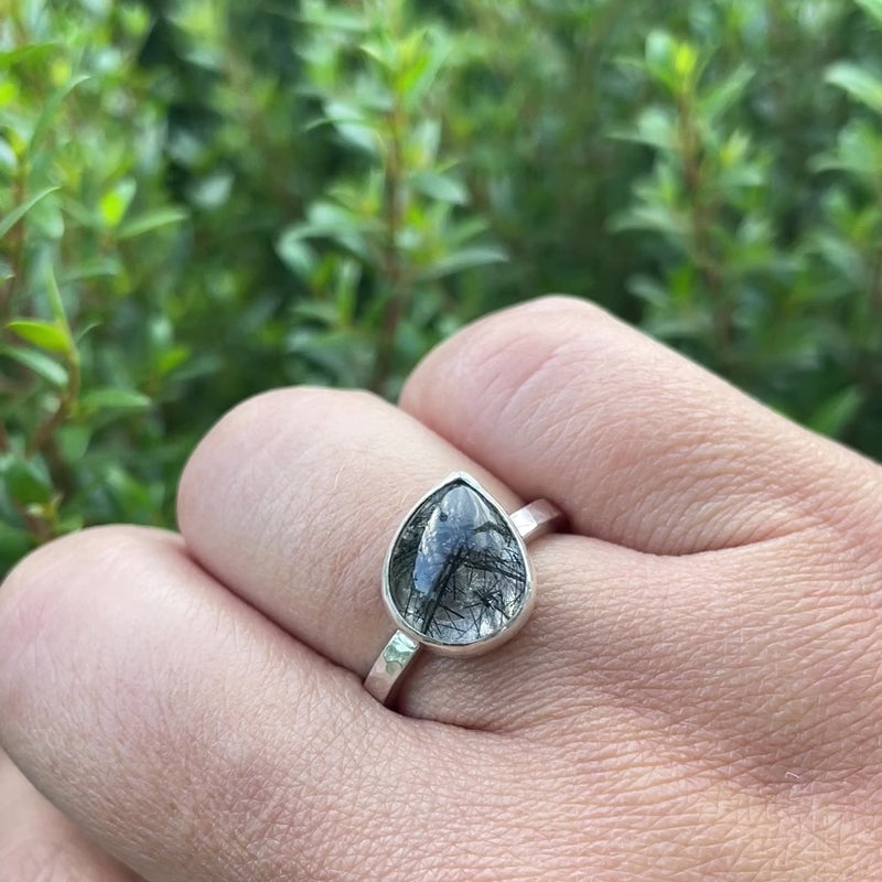 Tourmalinated Quartz Pear Muse Ring - sterling silver | Aislinn Collection