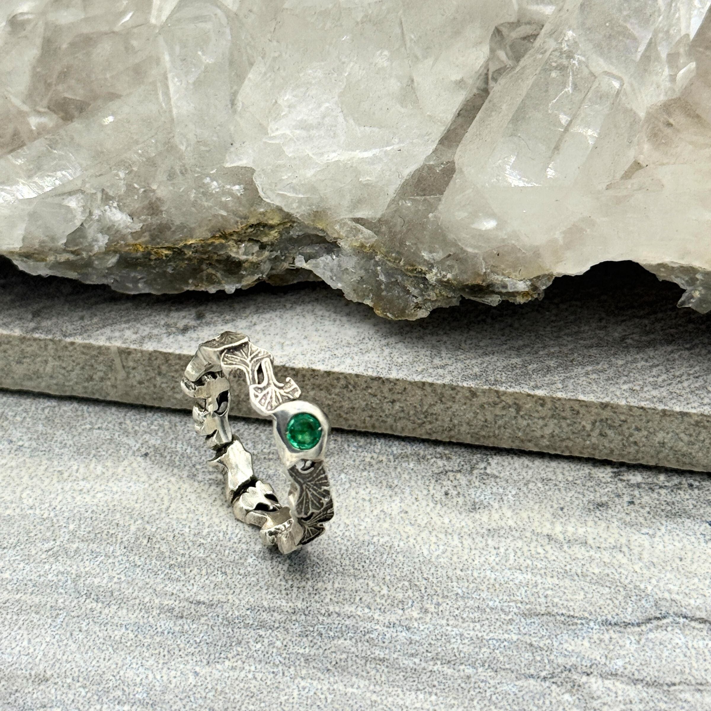 Emerald Ginkgo Leaves Band - sterling silver | Talisman Collection ring Amanda K Lockrow
