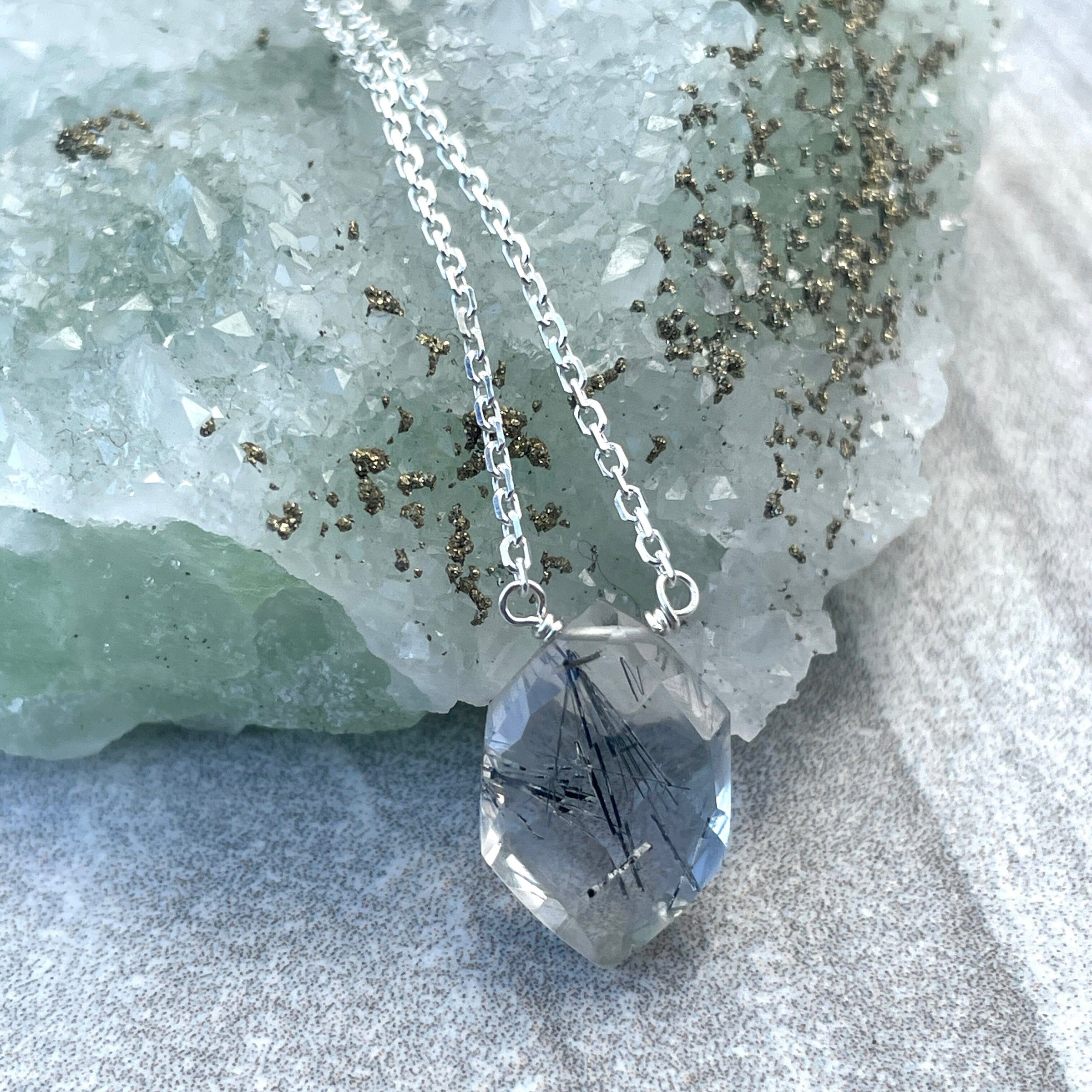 Tourmalinated Quartz Long Hexagon Necklace - sterling silver or gold filled | Little Rock Collection necklace Amanda K Lockrow