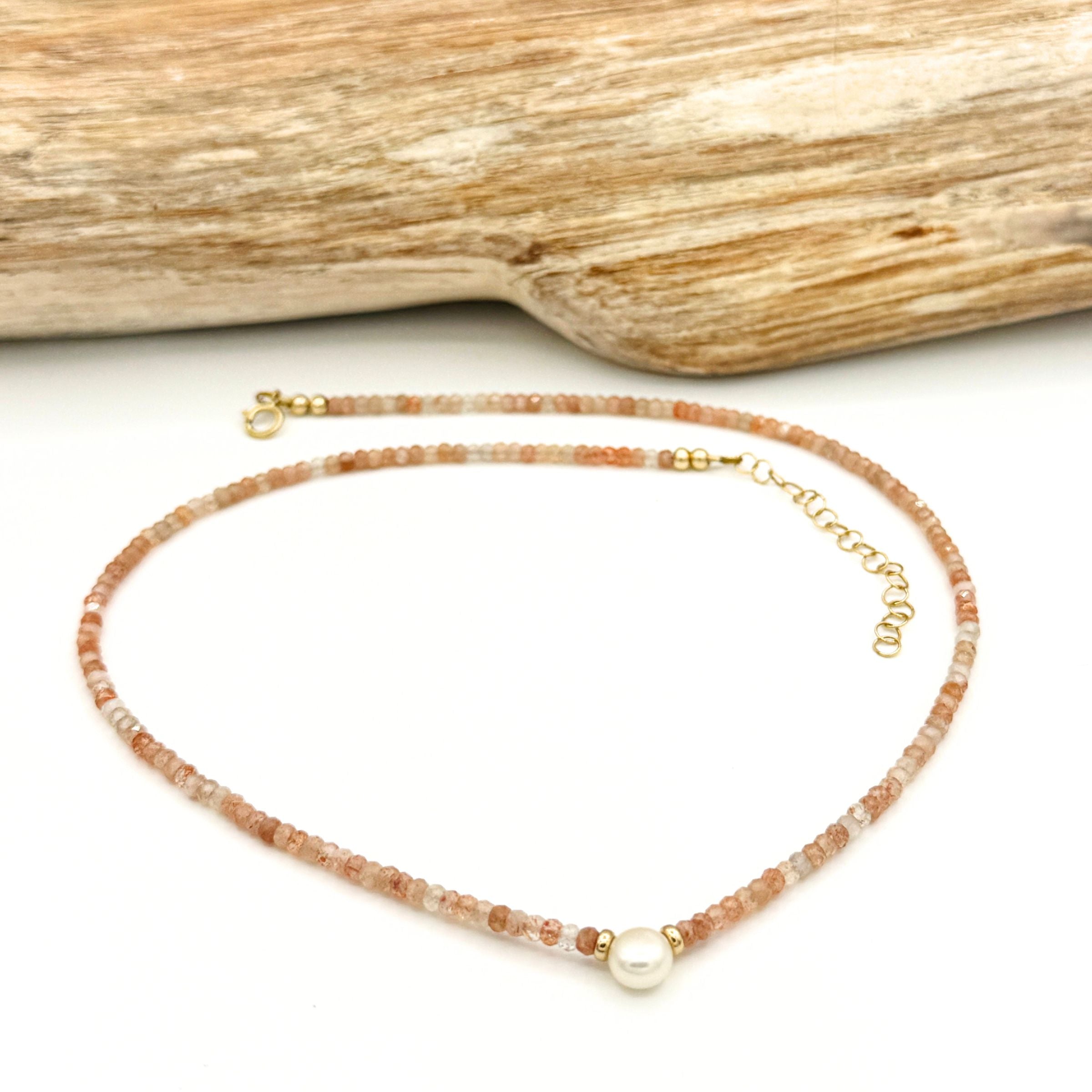 Strung Together Sunstone and Pearl Necklace - 14k gold filled | Little Rock Collection