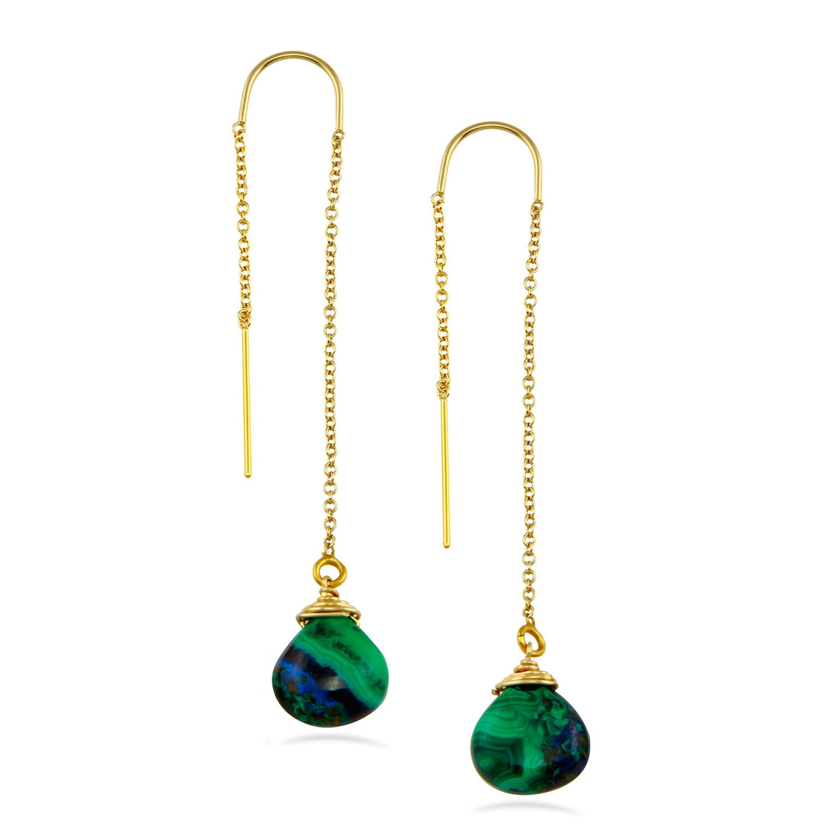 Azurite and malachite drop 14K yellow gold filled threader earrings | Little Rock Collection earrings Amanda K Lockrow