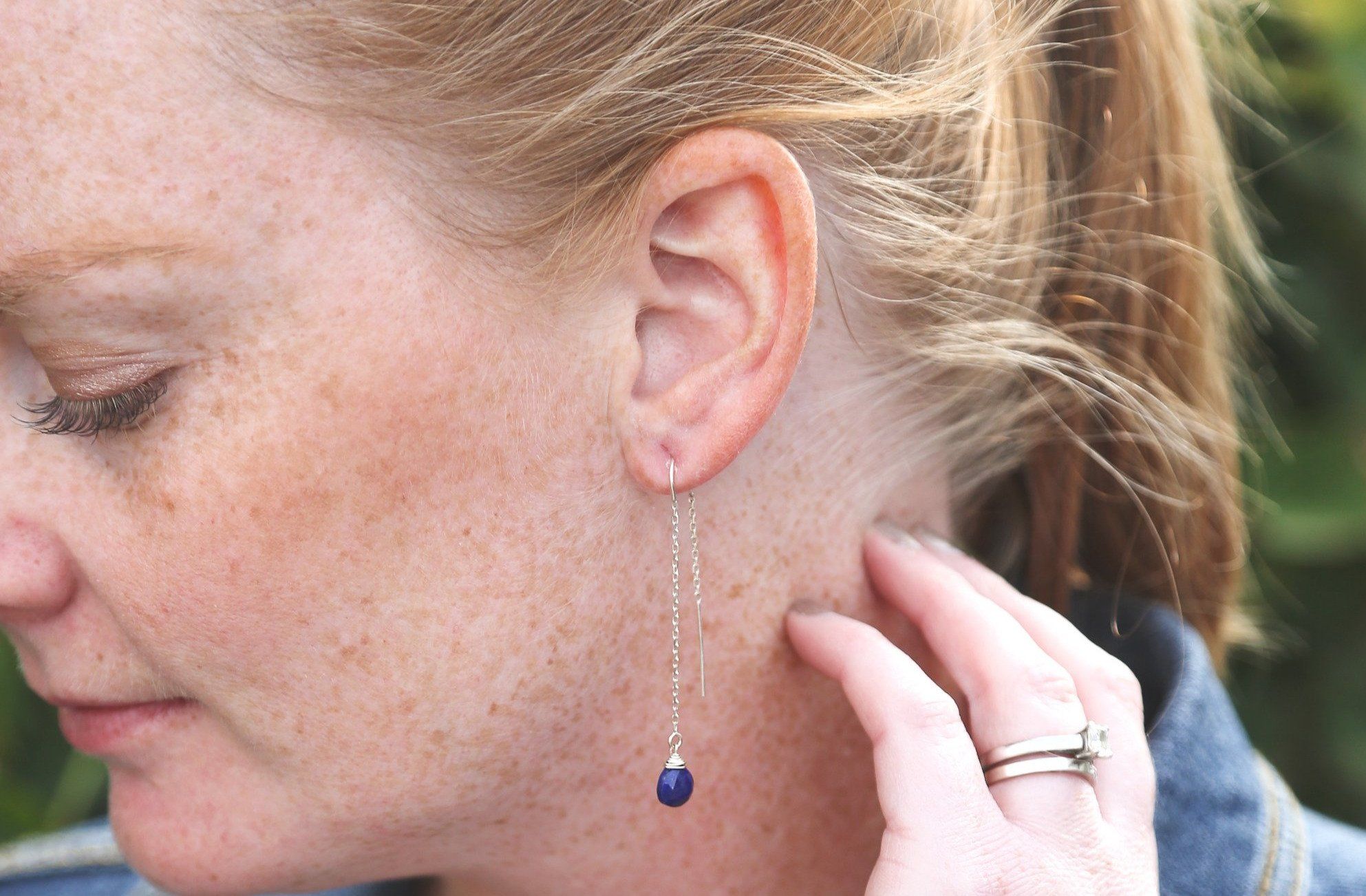 Dendritic Opal drop 14K yellow gold filled threader earrings // ear threads earrings Amanda K Lockrow 