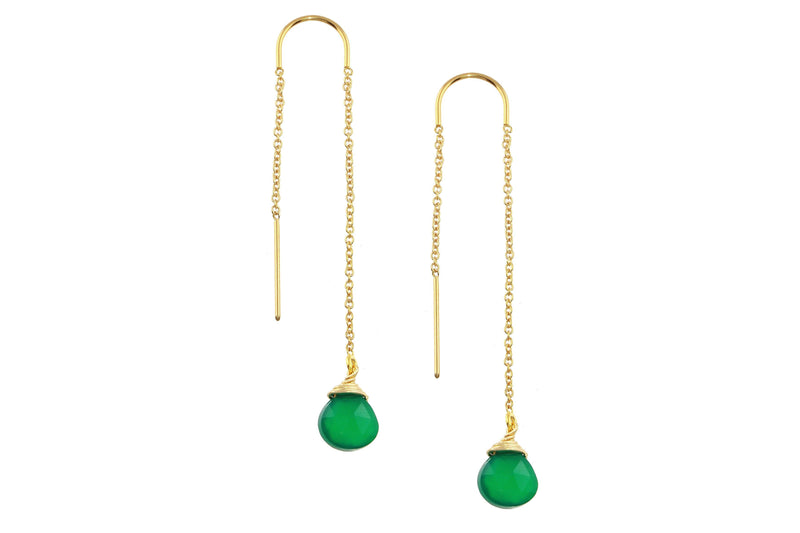 Green onyx drop 14K yellow gold filled threader earrings // ear threads earrings Amanda K Lockrow 