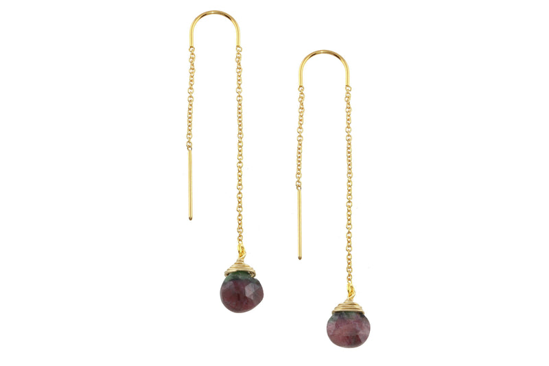 Ruby zoisite drop 14K yellow gold filled threader earrings // ear threads earrings Amanda K Lockrow 