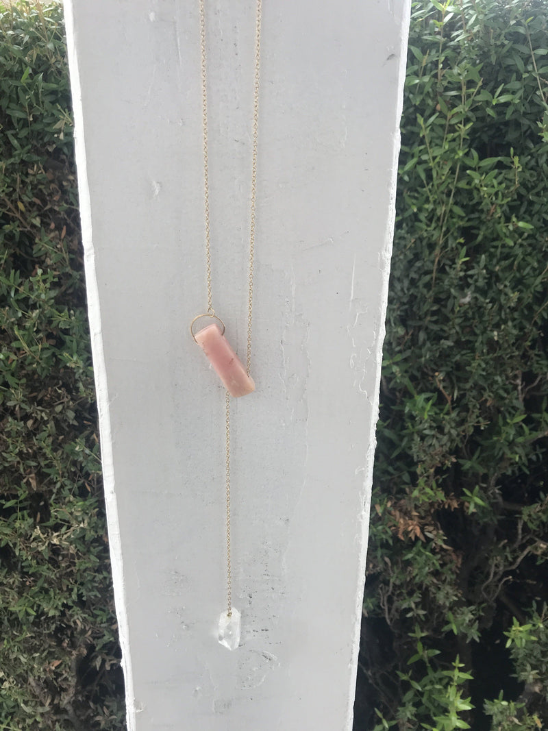 InSync necklace - Custom Pink Opal Bar & Clear Quartz Point necklace Emotion Hygiene 