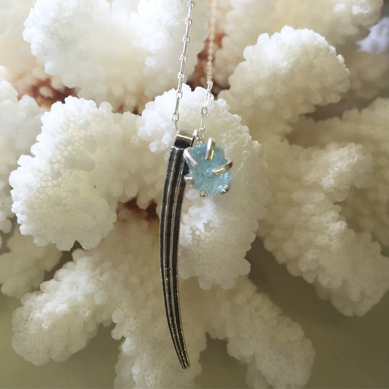Tusk shell & raw aquamarine necklace necklace Amanda K Lockrow 