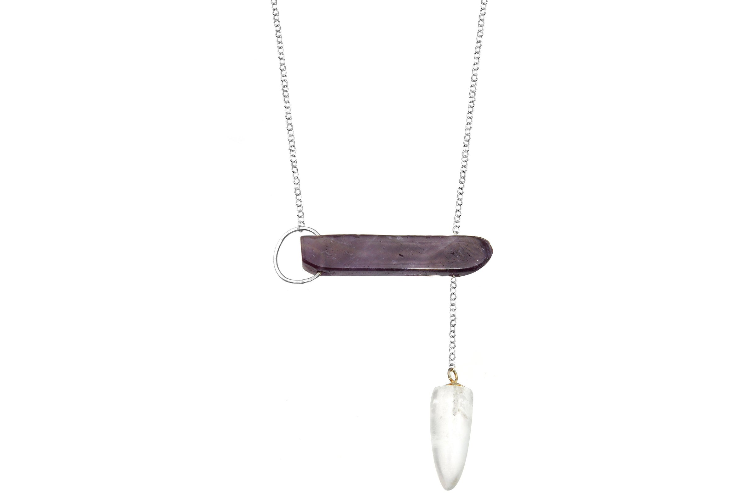 InSync necklace - Amethyst Bar & Clear Quartz Pendulum necklace Amanda K Lockrow 