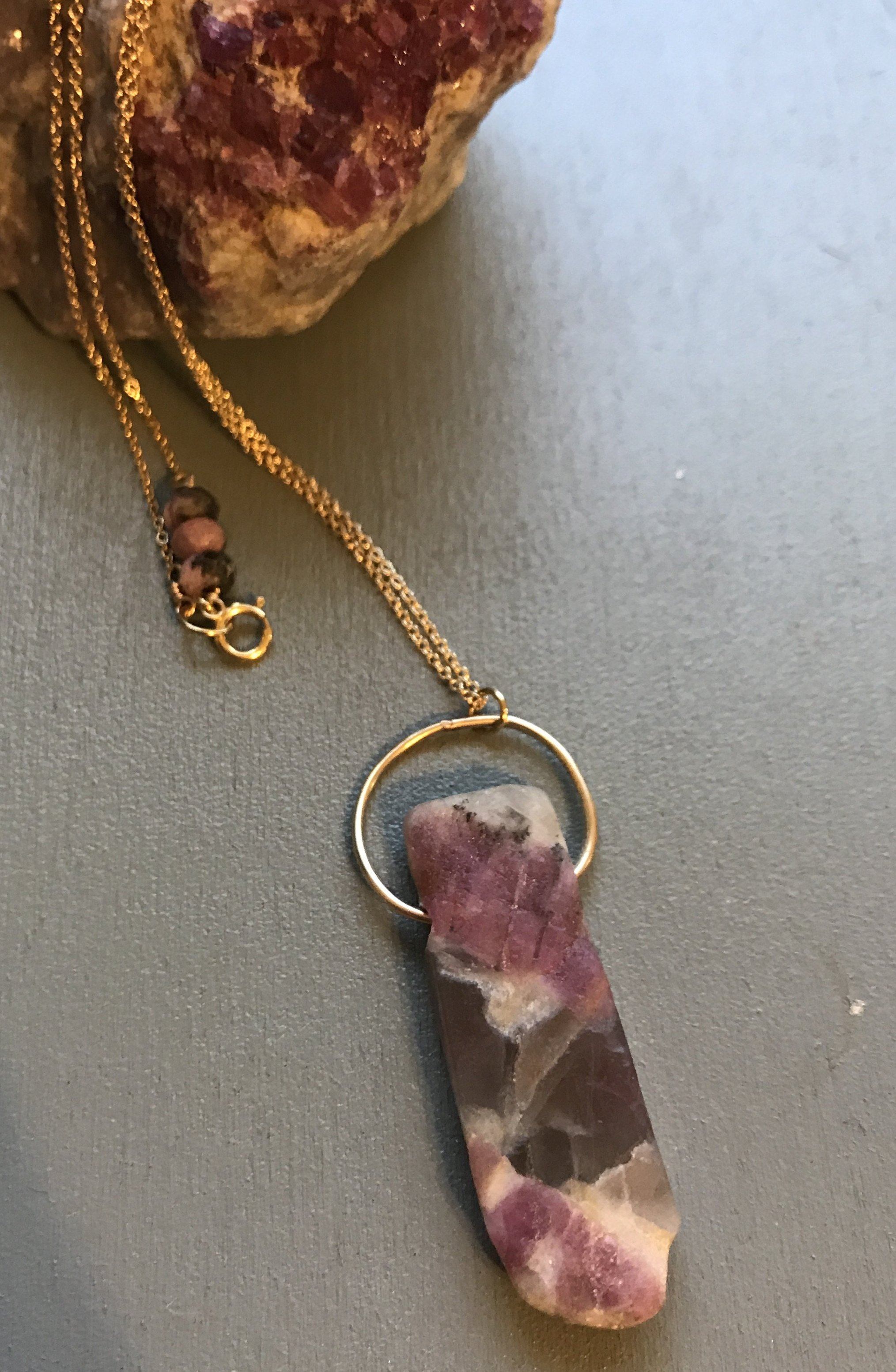 Pink Tourmaline in Quartz bar crystal gold filled necklace necklace Amanda K Lockrow 