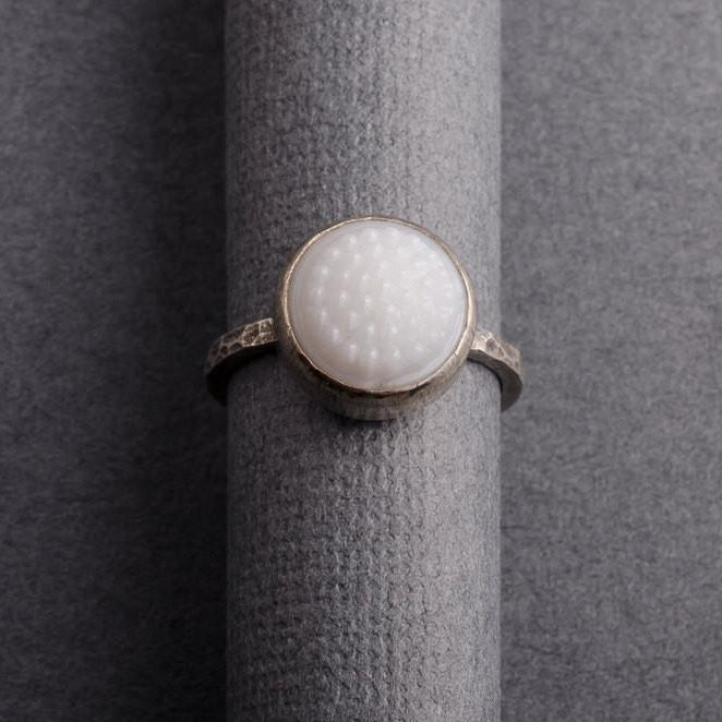 White tobiko silver ring-button ring made to order ring Amanda K Lockrow 