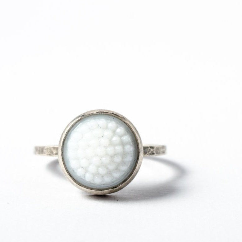 White tobiko silver ring-button ring made to order ring Amanda K Lockrow 