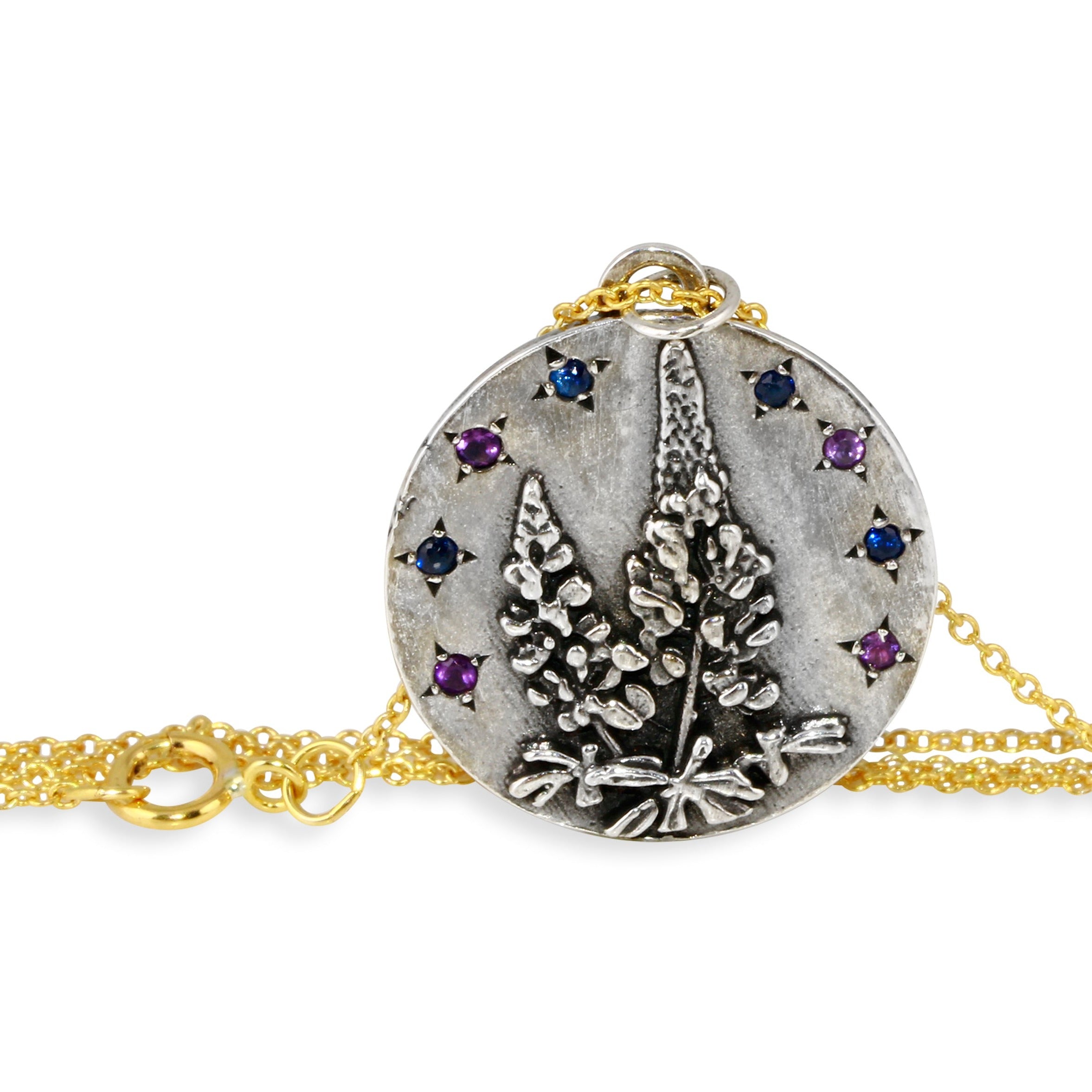 Lupine Flower Amethyst and Sapphire Necklace - sterling silver and